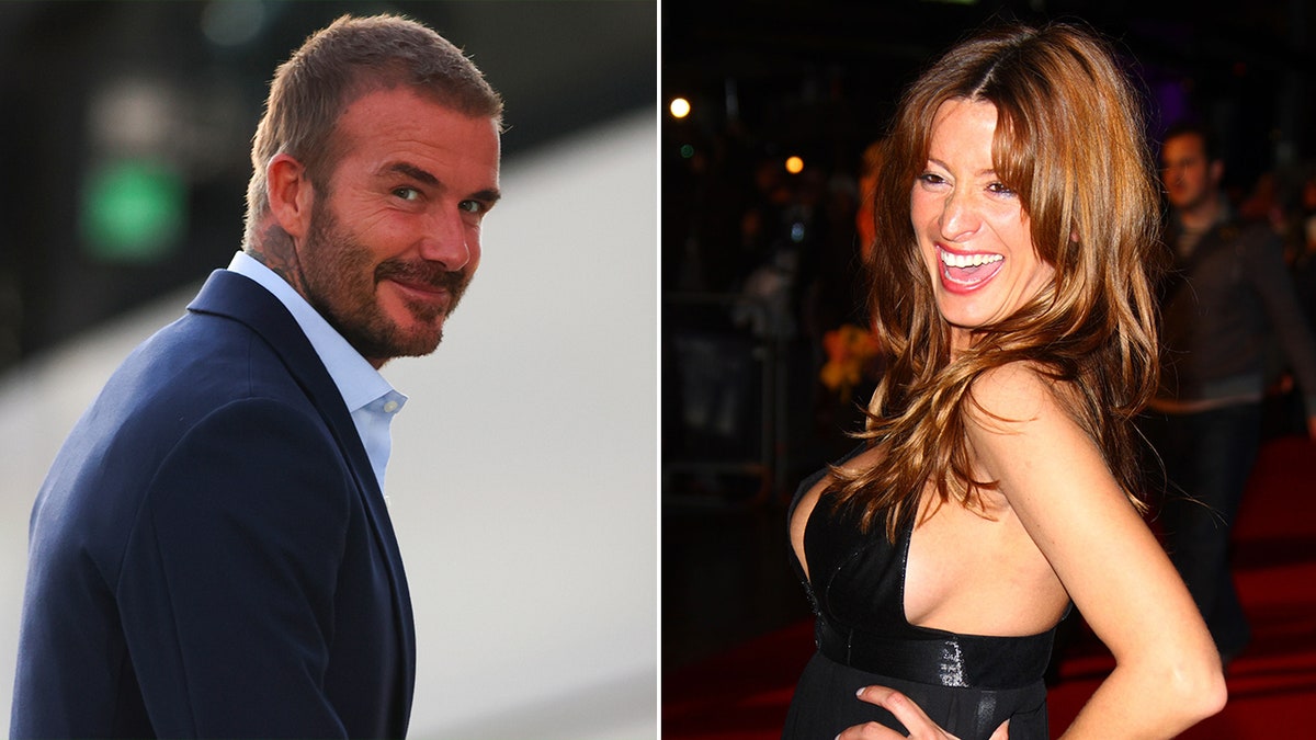 David Beckham smirks as he walks split Rebecca Loos in a black dress poses with her hand on her hip on the red carpet