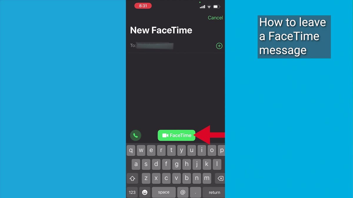 Screenshot of the FaceTime message screen with a red arrow pointing to the FaceTime button.