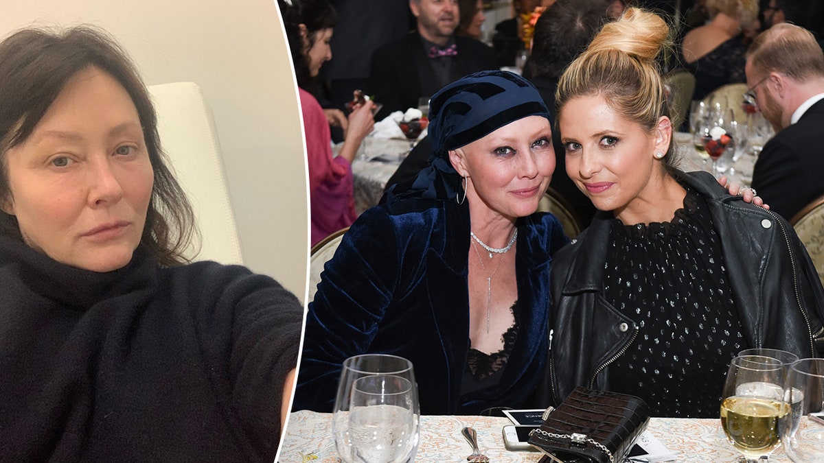 Shannen Doherty in a black sweater takes a selfie split Shannen Doherty with a head scarf sits next to Sarah Michelle Gellar at an event