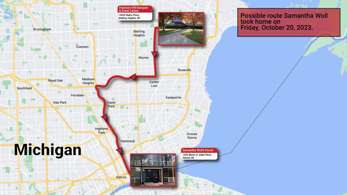 Map shows wedding venue to Samantha Woll's home.