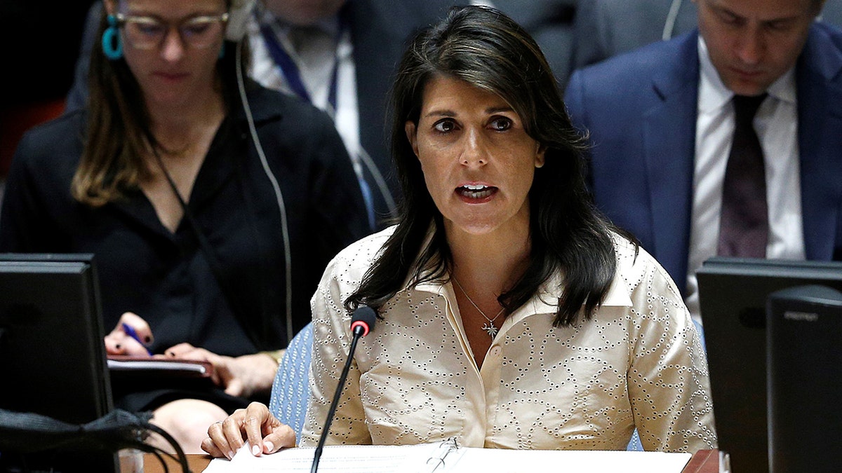 United States Ambassador to the United Nations, Nikki Haley delivers a speech during Security Council meeting on the situation in Gaza at United Nations Headquarters in New York, United States on May 15, 2018.?