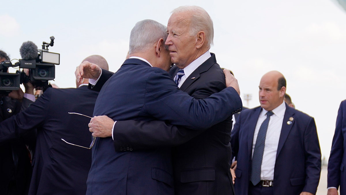 President Joe Biden is greeted by Israeli Prime Minister Benjamin Netanyahu