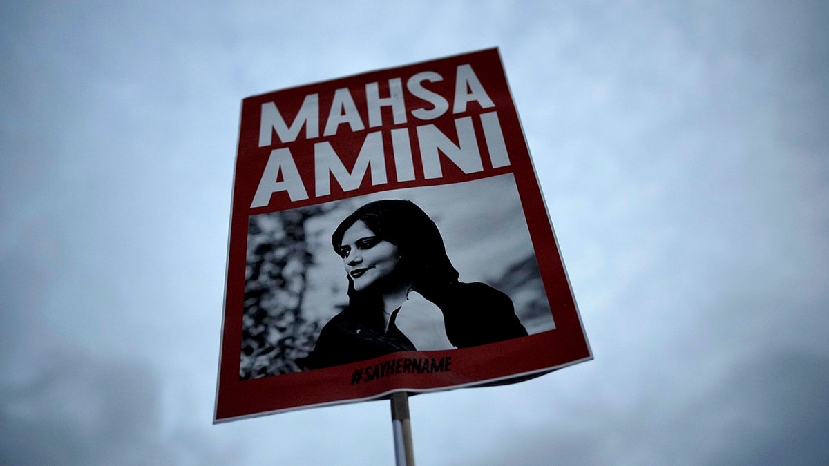 German protester holds poster of Amini