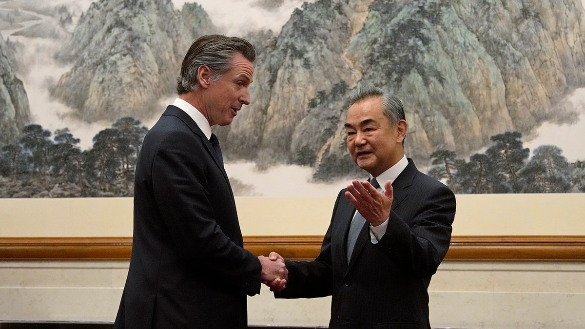 Newsom shakes hands with Chinese Foreign Minister Wang