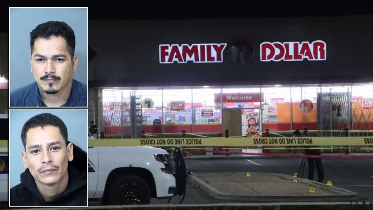 Image of a Dollar Store in Ohoenix and mugshots of Steven Silva and Santiago Silva