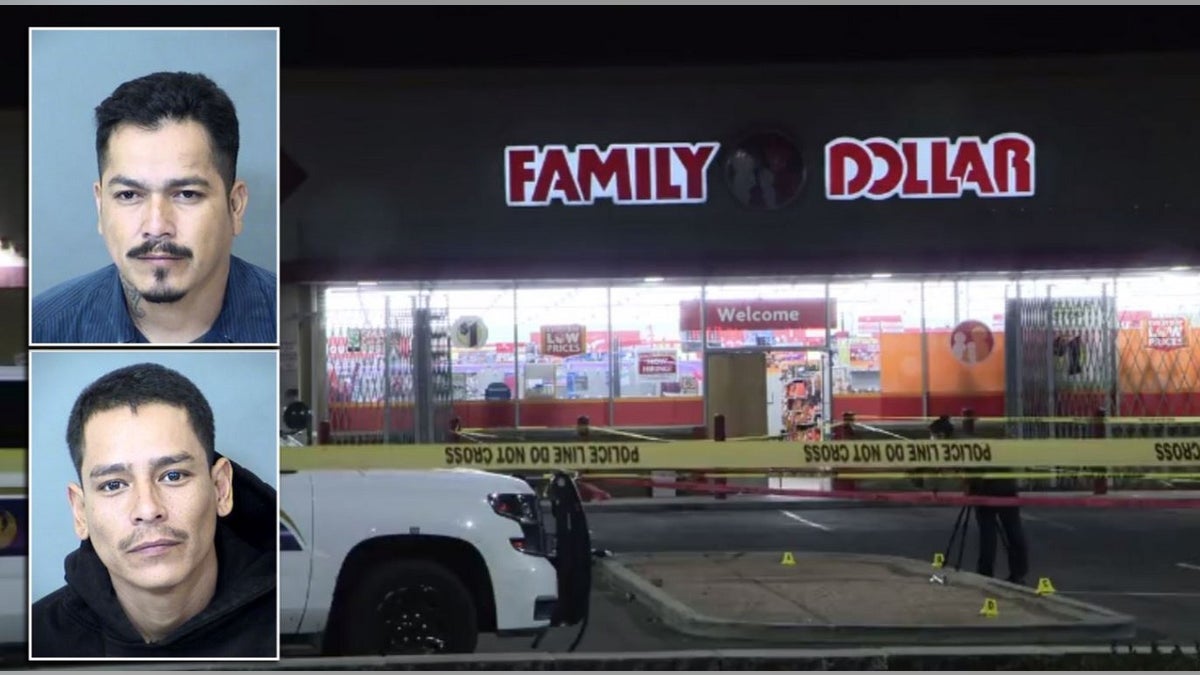 Image of a Dollar Store in Ohoenix and mugshots of Steven Silva and Santiago Silva