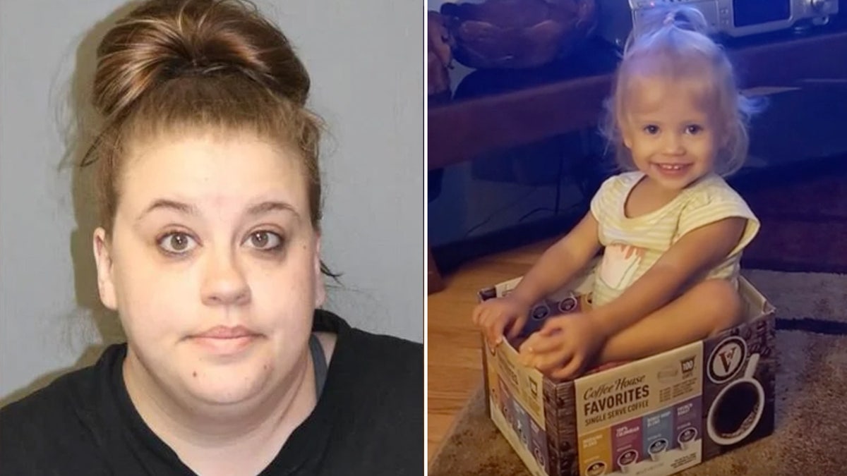 mugshot for Amanda Mithcell, left; toddler smiling at play, right