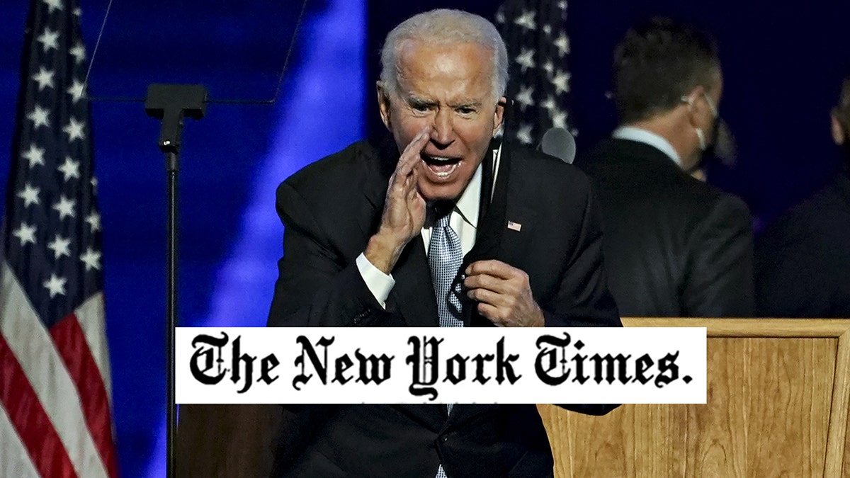 Biden and the New York Times logo