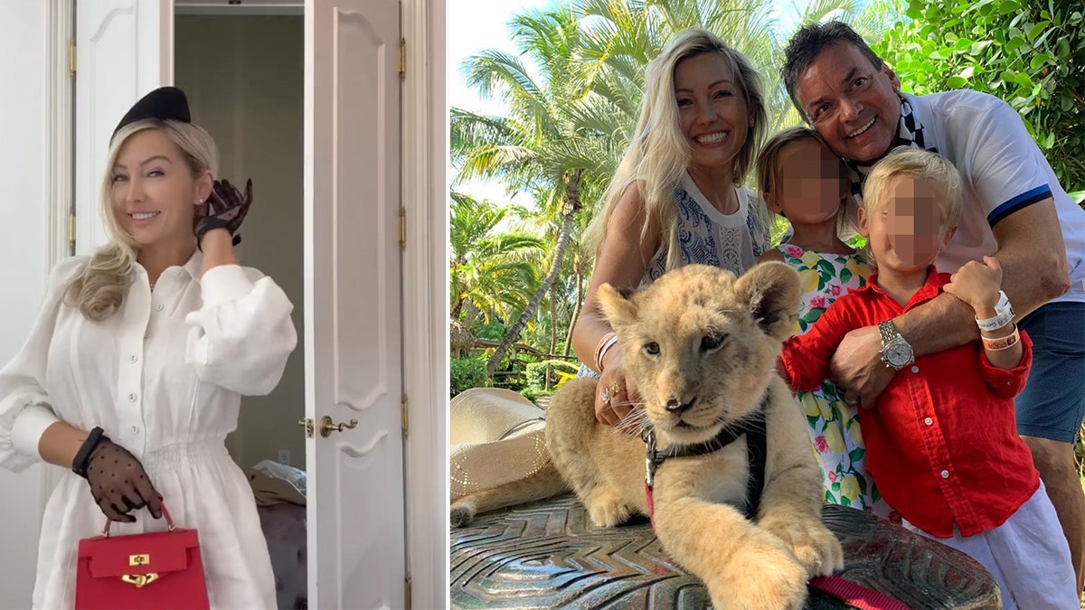 Family of four shown posing with a leased lion.