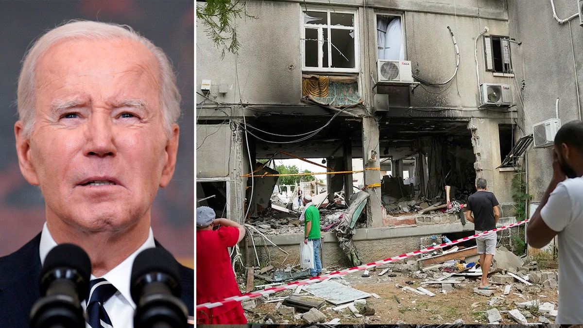 President Joe Biden, Israelis standing by building that was hit by Hamas