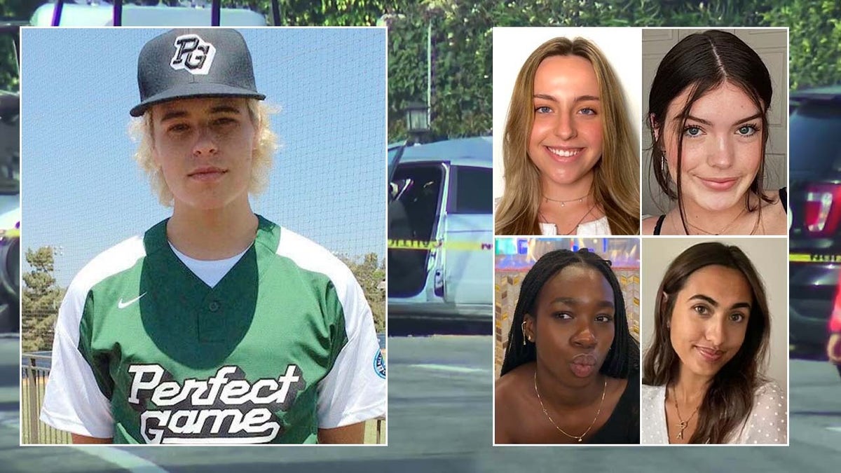 Young man in baseball uniform next to headshots of four women.