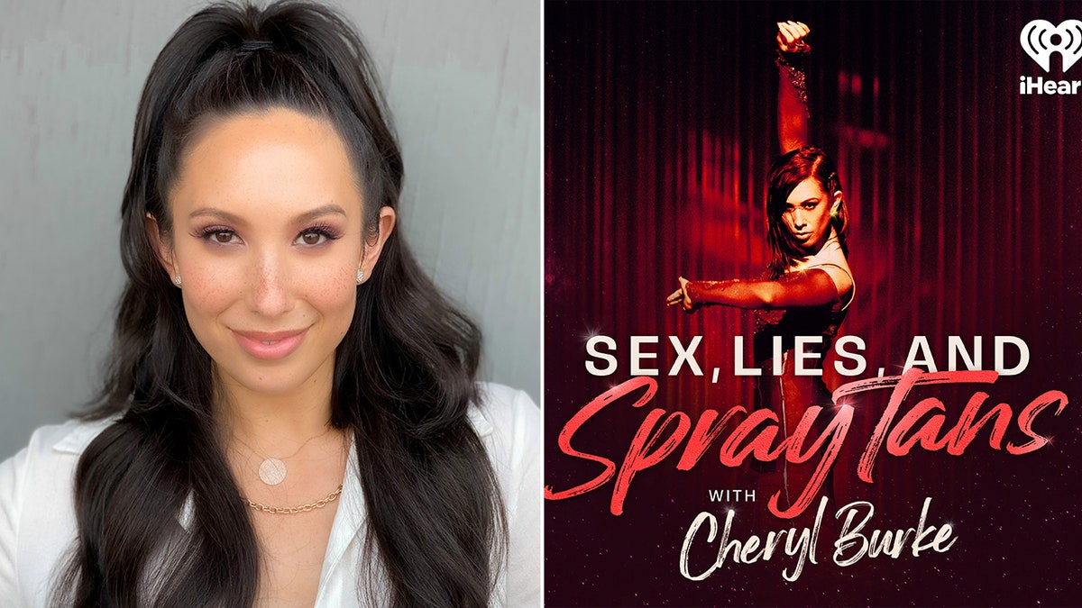 Split screen of Cheryl Burke and the promotional image for Sex, Lies, and Spray Tans podcast