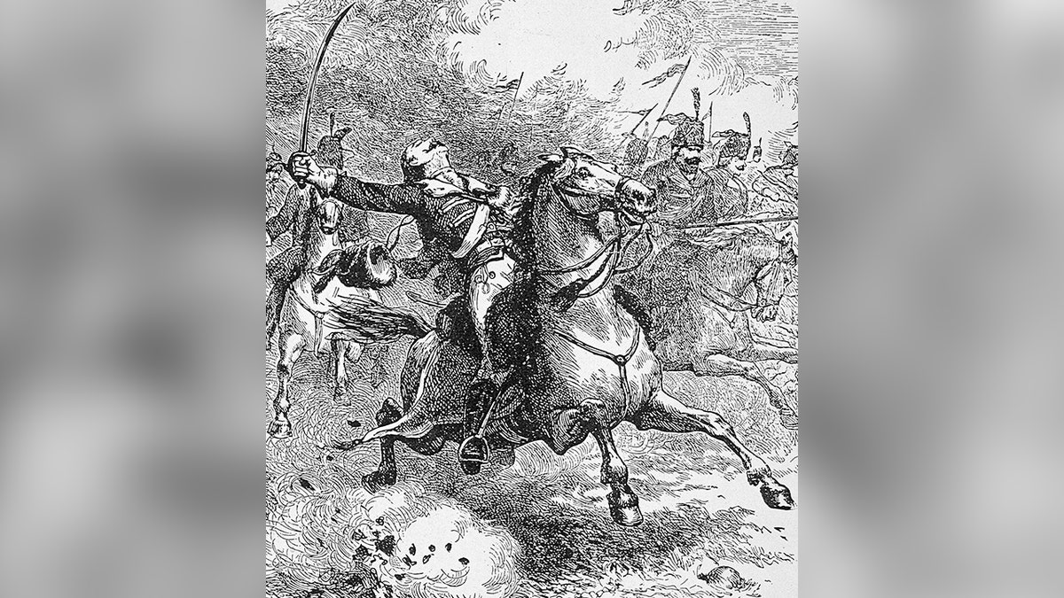 Black and white drawing of Count Casimir Pulaski killed on a horse during the attack on Georgia in 1779