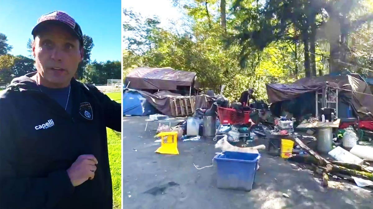 Dean Aldridge, left, CEO of Valor Soccer; homeless camp at right