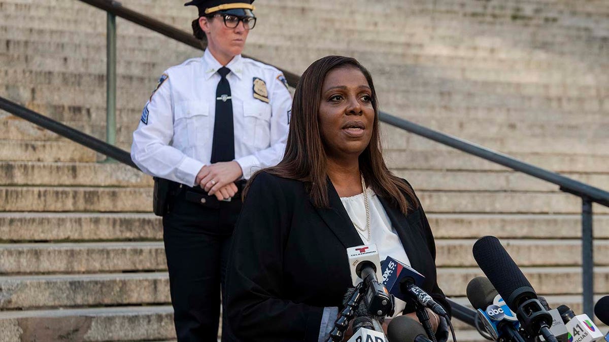 New York Attorney General Letitia James speaks outside the New York Supreme Court