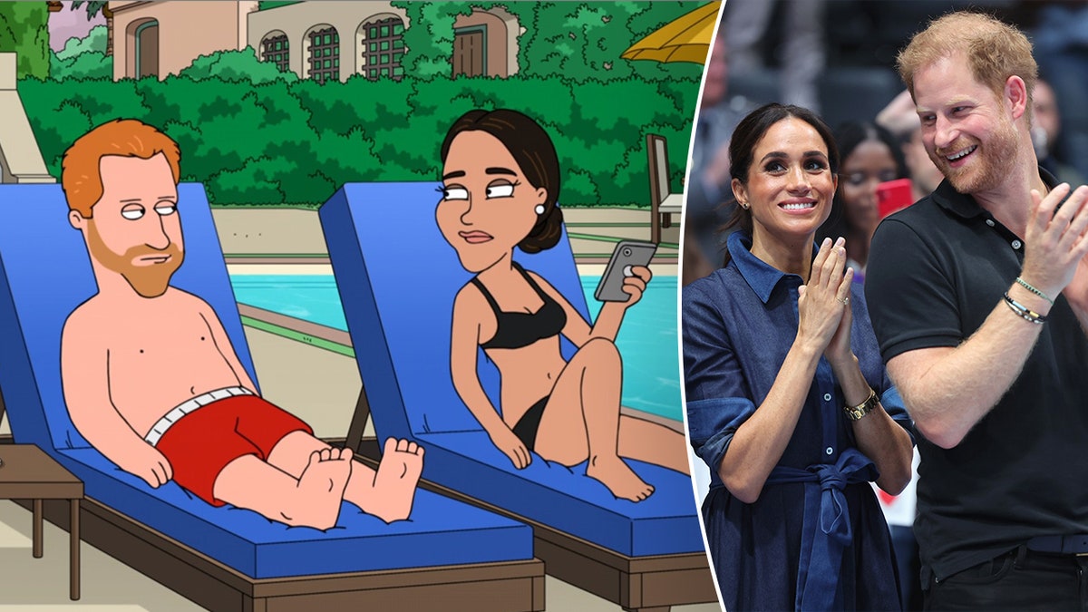 Split screen of animated Prince Harry and Meghan Markle and real-life Meghan Markle and Prince Harry