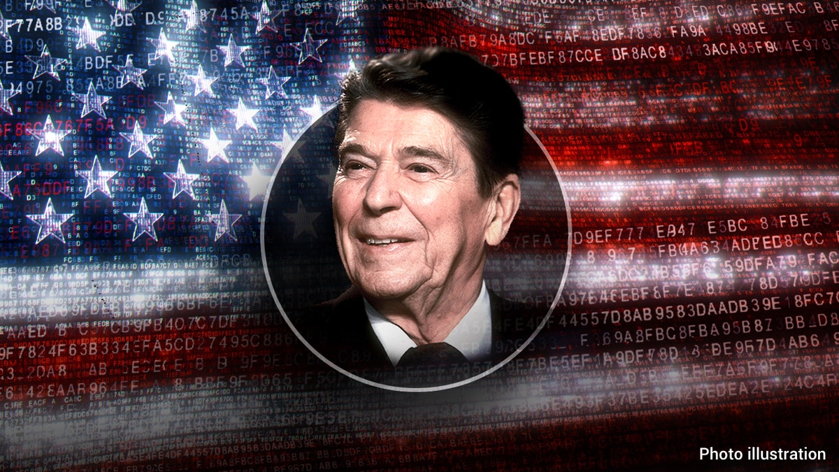 Ronald Reagan com bandeira atrás dele