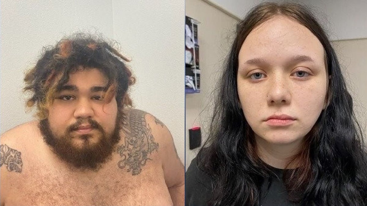 Split image of a shirtless Quentin Smith, 23, and Hannah Jones, 28, wearing a black shirt