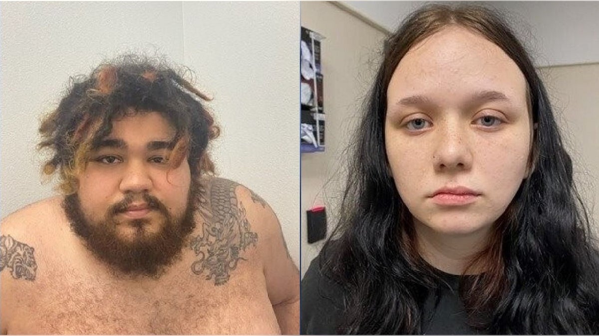 Split image of a shirtless Quentin Smith, 23, and Hannah Jones, 28, wearing a black shirt