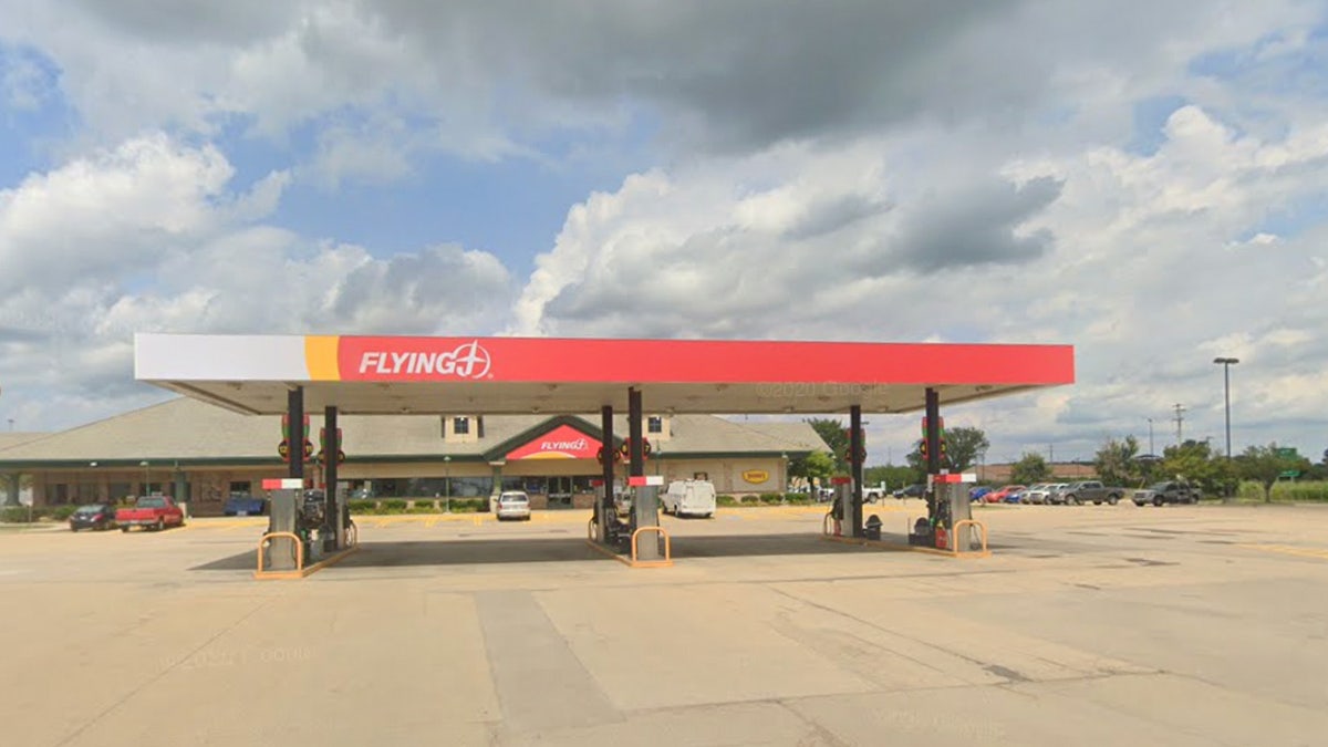 gas station with red awning.
