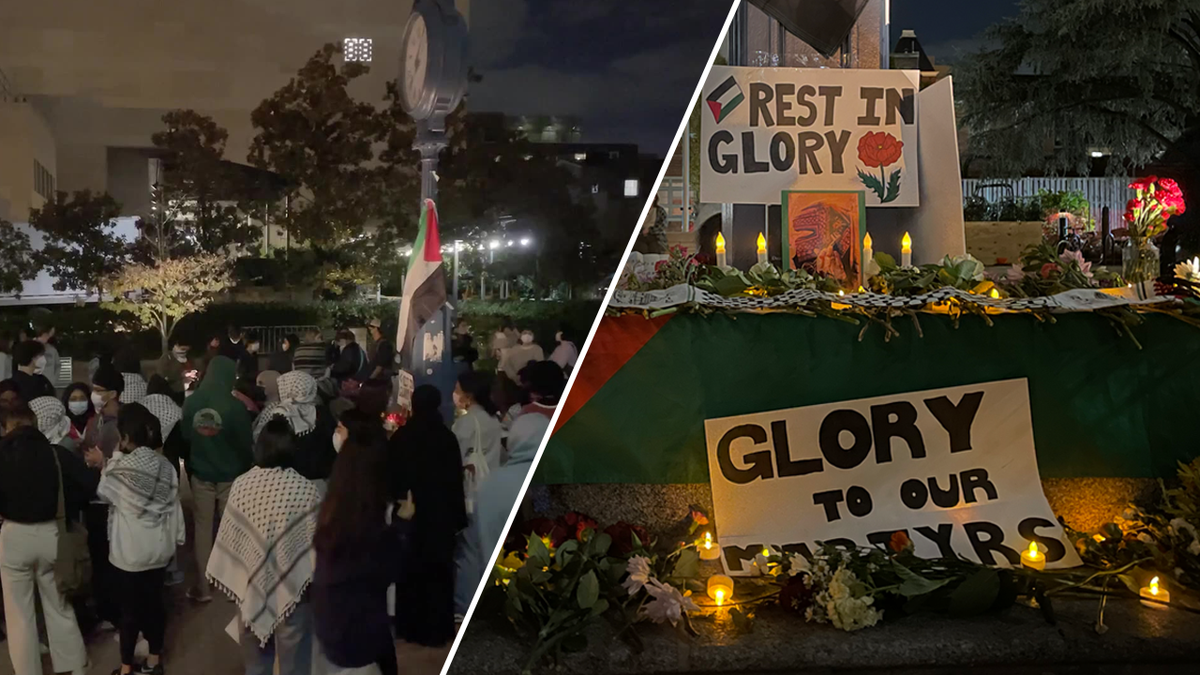 A split image with a crowd of students at a vigil on the left and a close up of homemade signs celebrating Palastinian martyrs on the right.