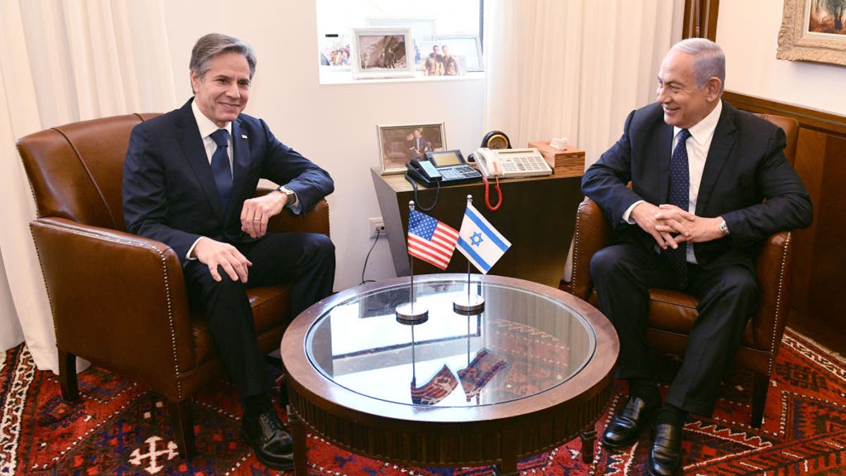 Secretary of State Antony Blinken held a similar meeting with Israeli Prime Minister Benjamin Netanyahu, right, on Monday. There, he reiterated America's support for Israel, but also highlighted the humanitarian situation.