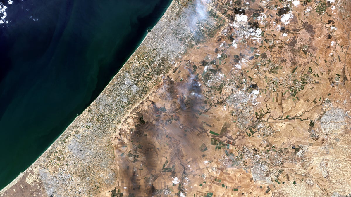 Smoke is shown along the Gaza-Israel border after Hamas attacked Israel on Oct. 7, 2023.