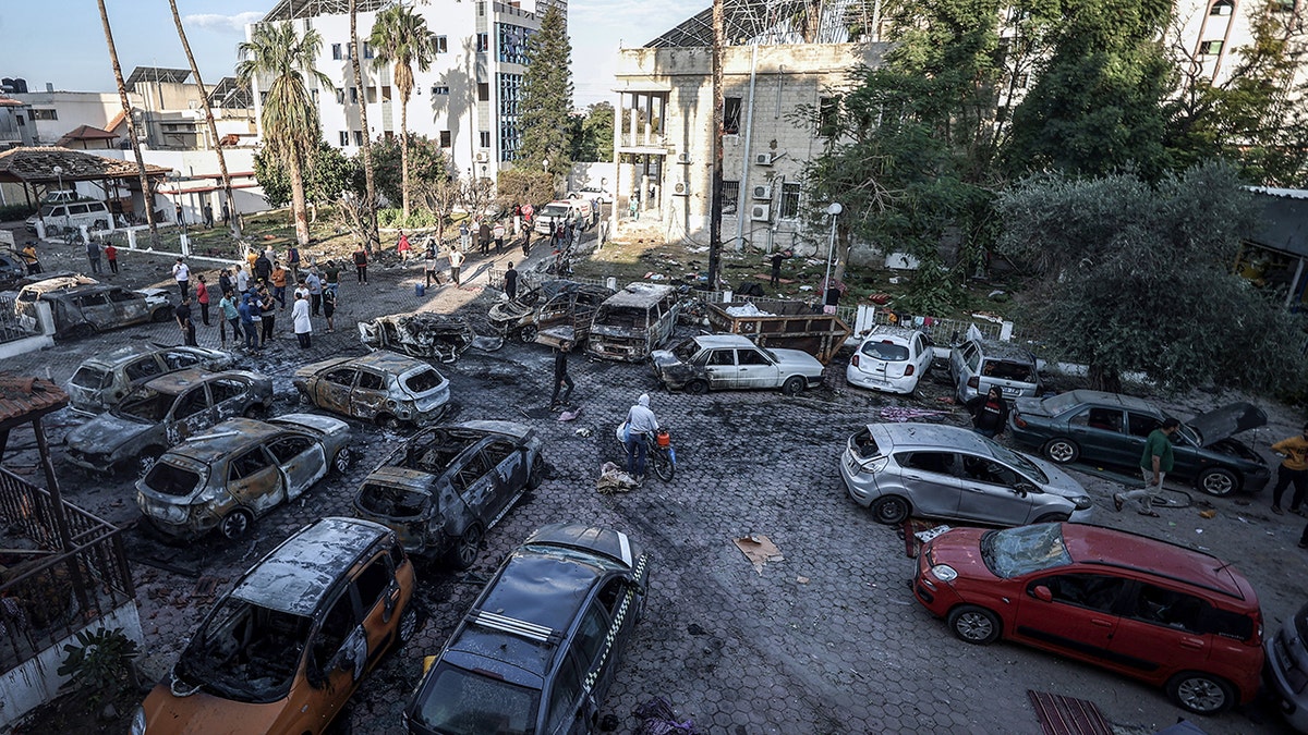 A view of the surroundings of Al-Ahli Baptist Hospital after it was hit in Gaza City, Gaza on October 18, 2023.