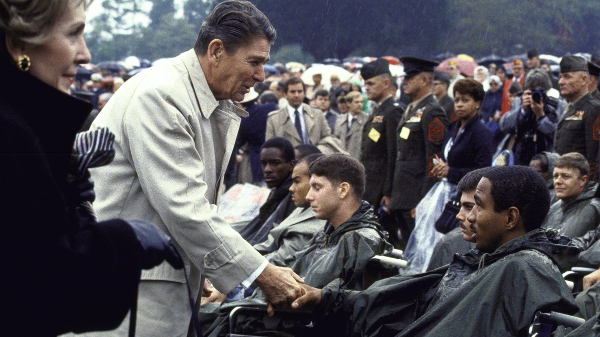Reagan speaks with troops