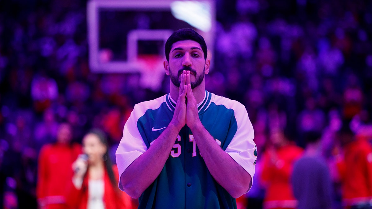 Enes Kanter during the national anthem