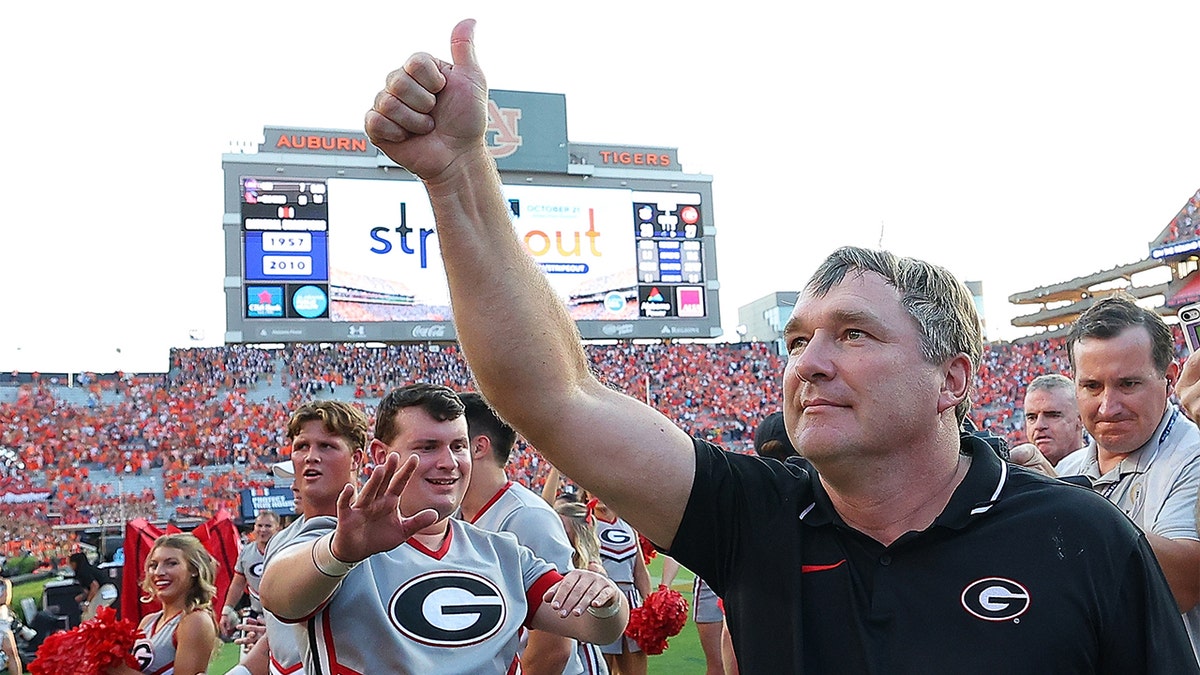 Kirby Smart reacts after beating Auburn