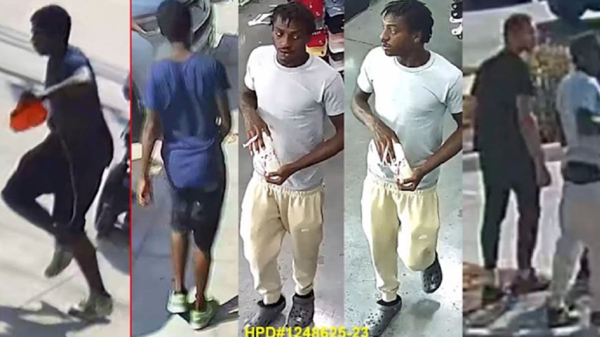 Five images of three suspects wanted in connection with a robbery over the summer in Houston