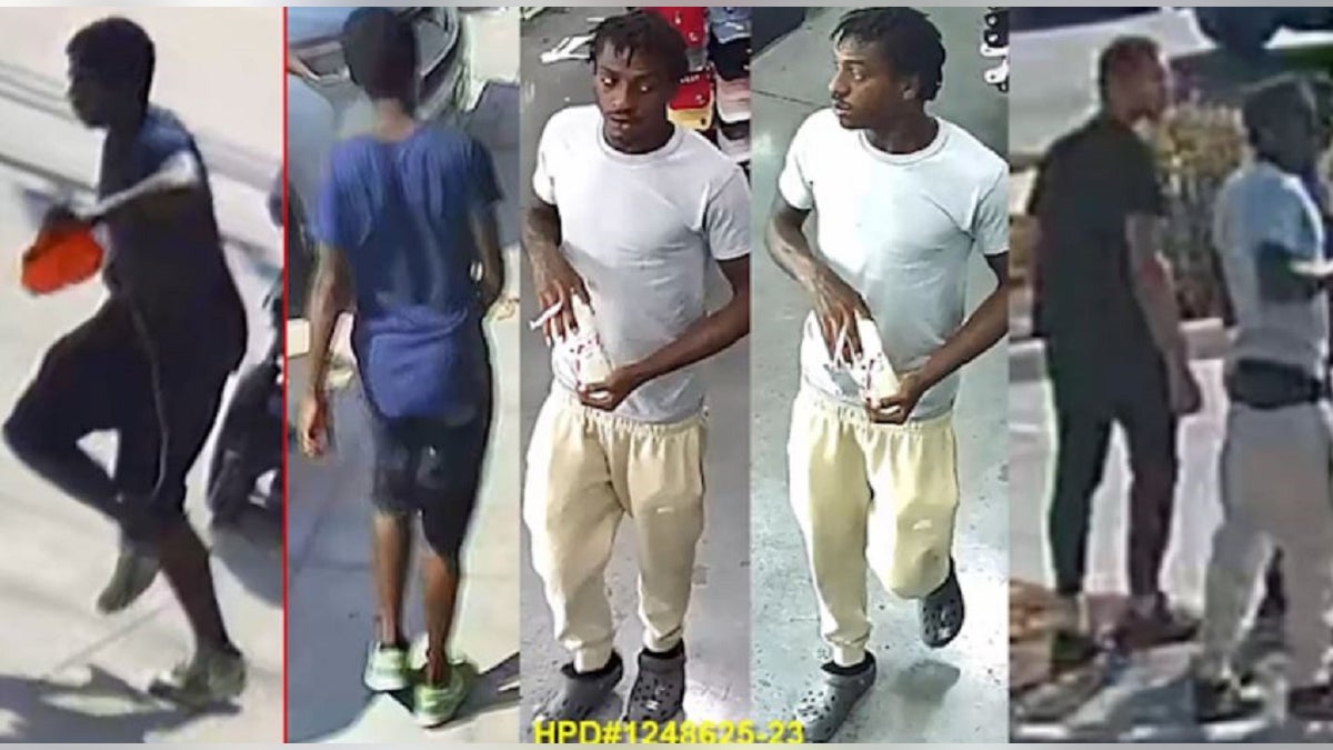 Five images of three suspects wanted in connection with a robbery over the summer in Houston