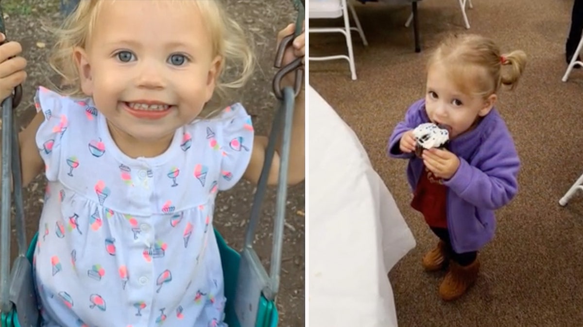 2-year-old Harper Mitchell, smiling, left, eating cupcake right