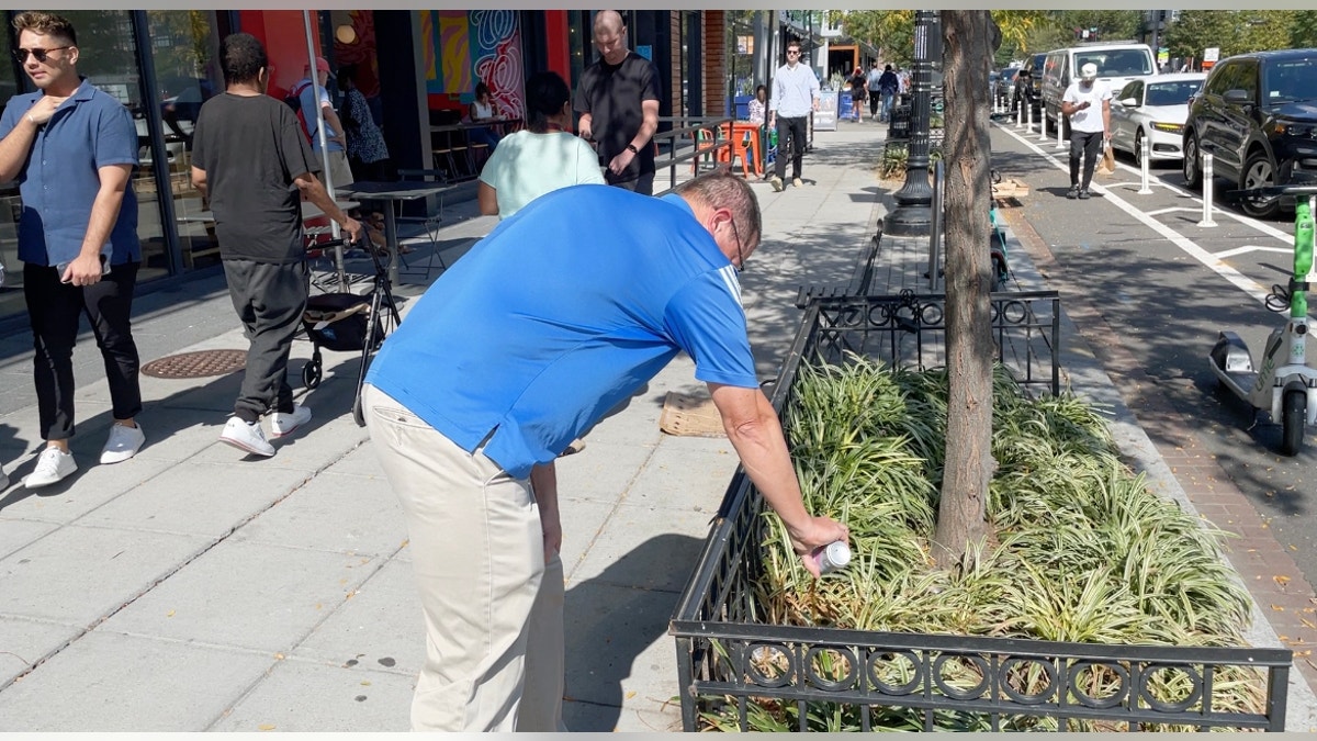 Chad pours his Coke into a planter on the sidewalk