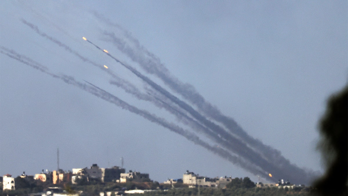 Rockets flying over Gaza towards Israel