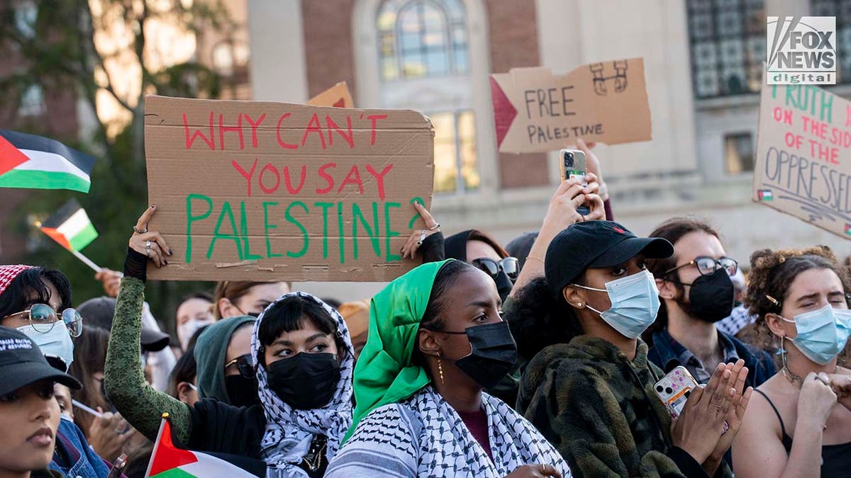 Demonstrators at a pro-Palestinian rally at Columbia University