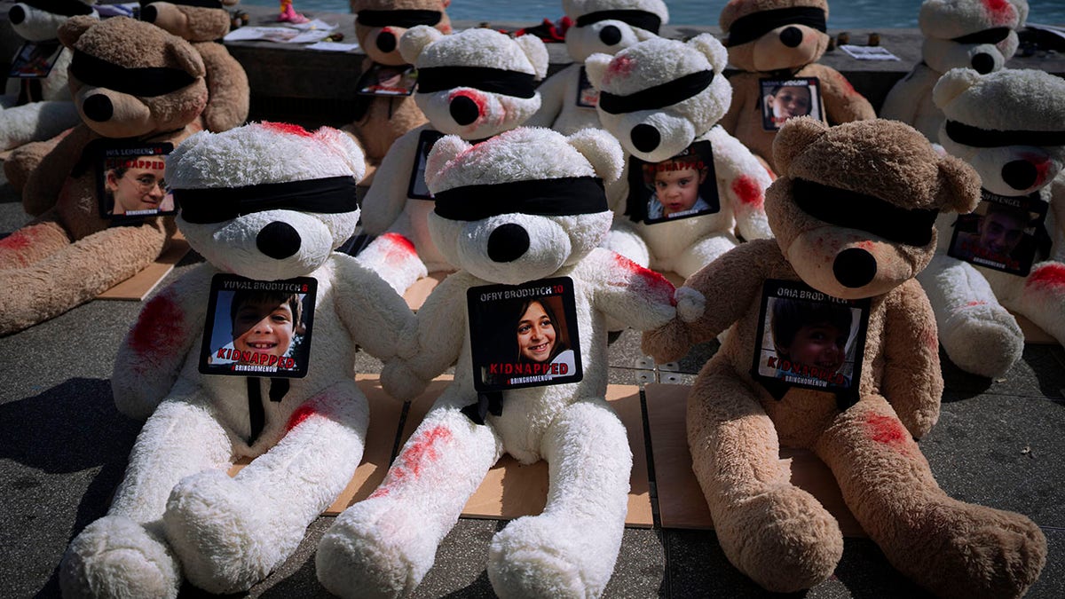Tel Aviv display of teddy bears to raise awareness of child hostages being held by Hamas