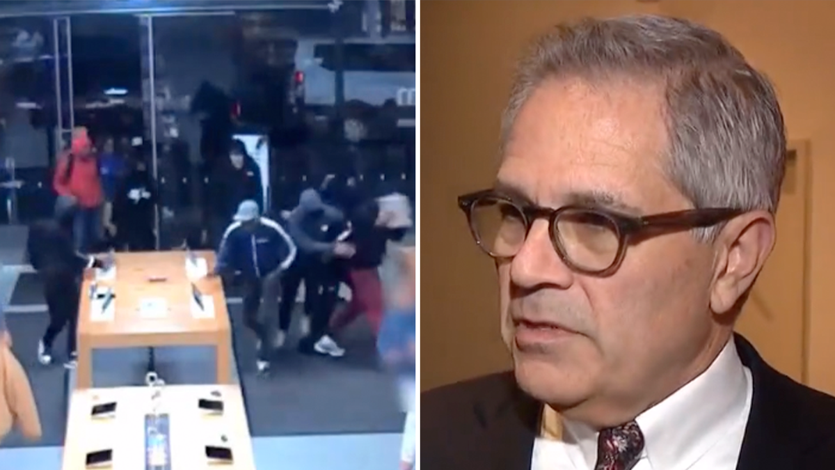 looters in Philly, left; Larry Krasner, right