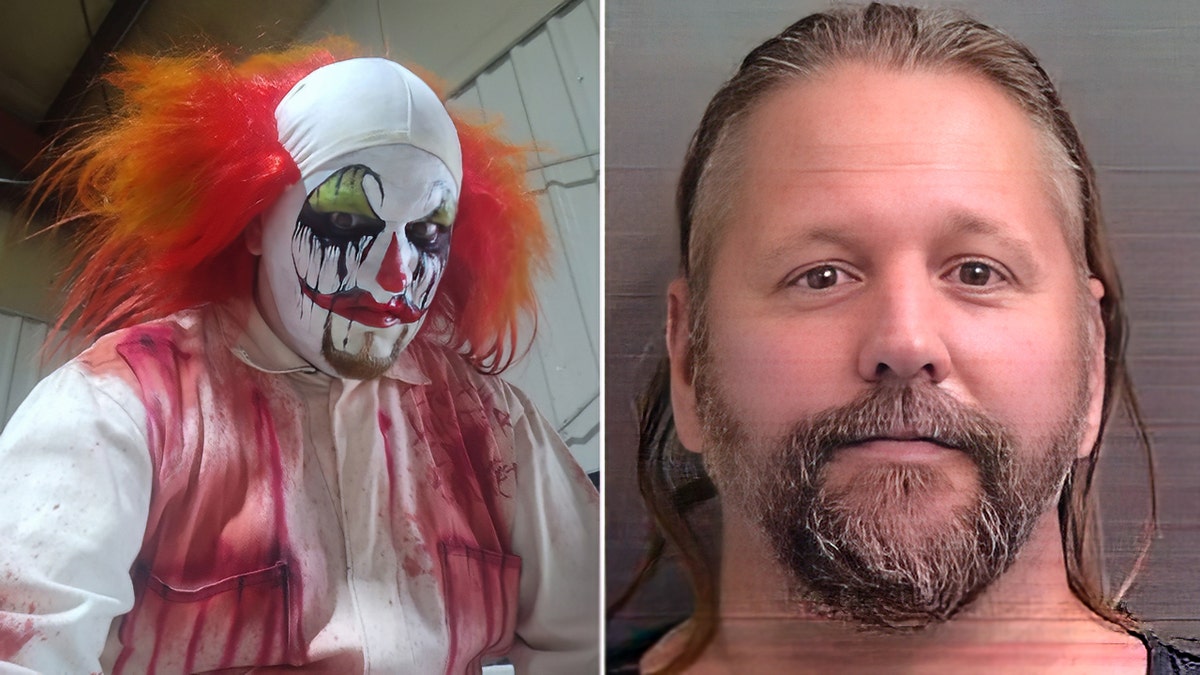 Photo of a clown and a mugshot.
