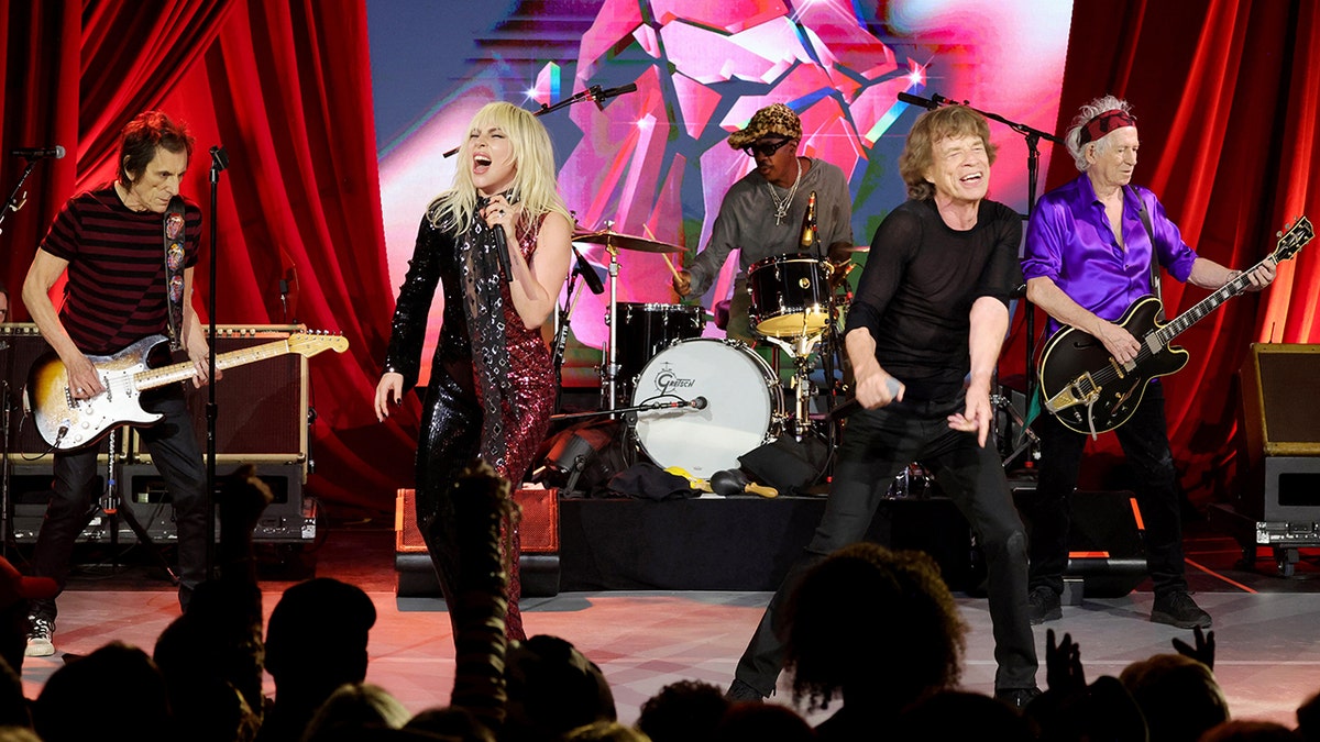Lady Gaga performing with the Rolling Stones