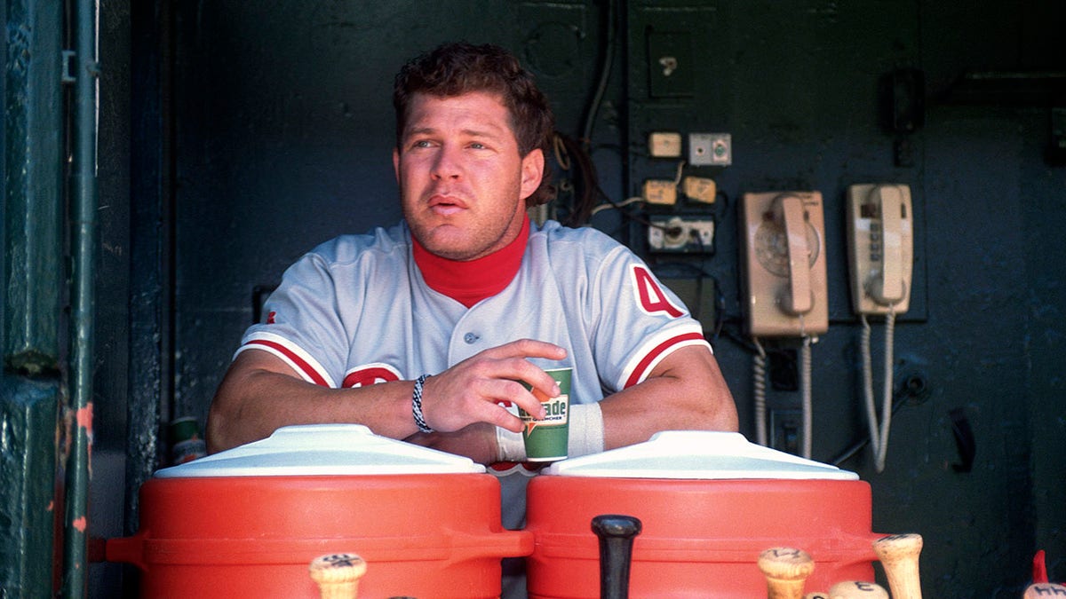 Lenny Dykstra looks on during a Phillies game