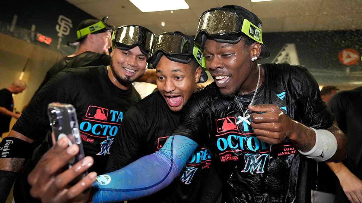 Marlins players celebrates