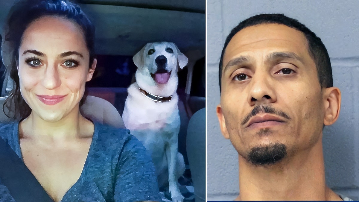 Melissa Davis poses with her dog next to a booking photo of a suspect connected to her death.