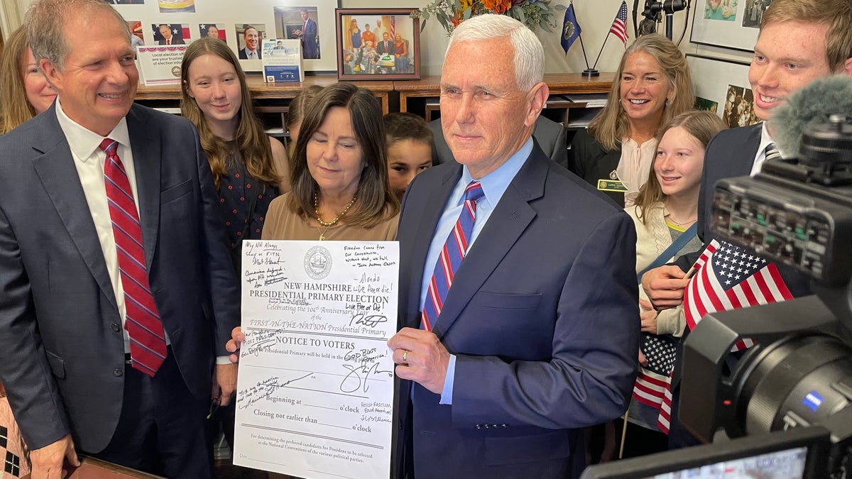 Former Vice President Mike Pence, who suspended his 2024 Republican presidential campaign on Oct. 28, filed to place name on New Hampshire's GOP presidential primary, at the Statehouse in Concord, N.H., on Oct. 13, 2023.