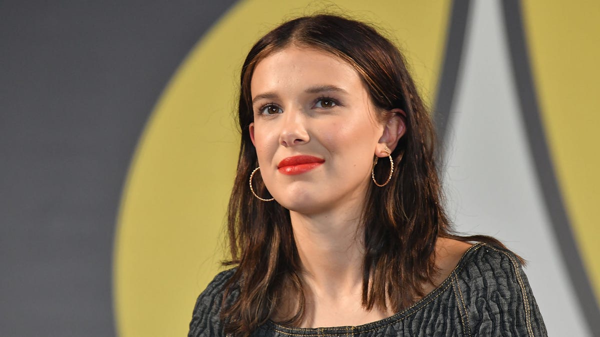 Close up of unsmiling Millie Bobby Brown