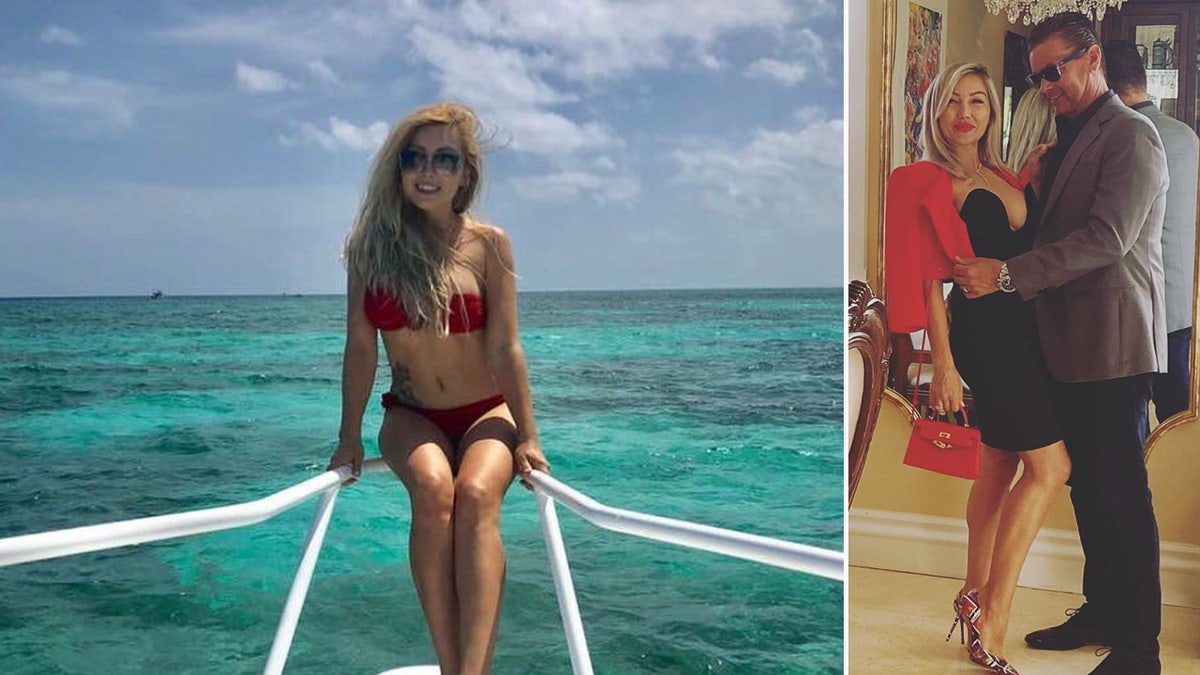 Woman poses on ship in red bikini.