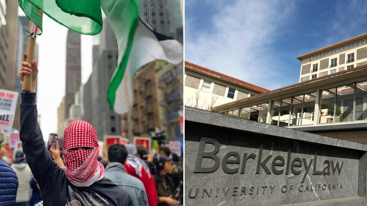 Image of pro-palestinian protester split with the U.C. berkeley law school sign