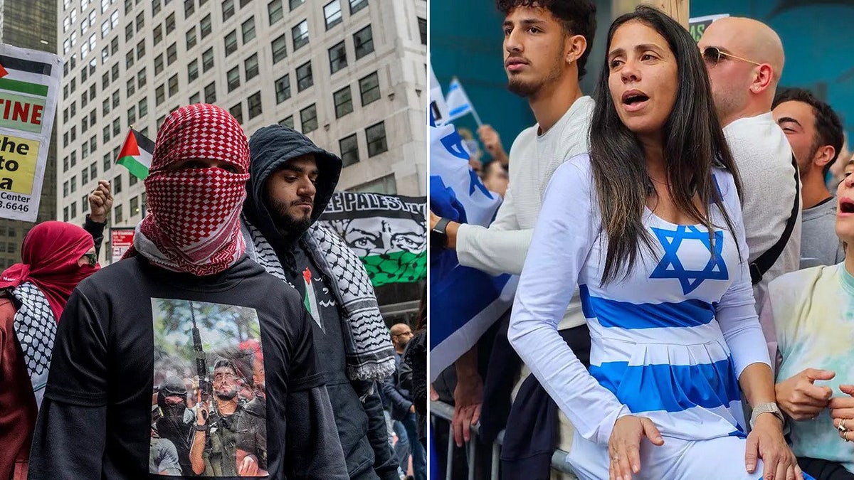 Manifestantes pró-Palestina e ex-Miss Israel Yityish "Até" Aynaw
