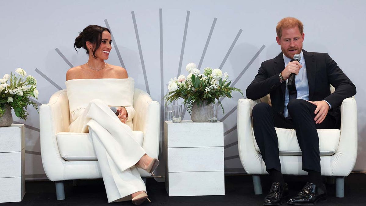 Prince Harry and Meghan Markle speak at an event in New York City